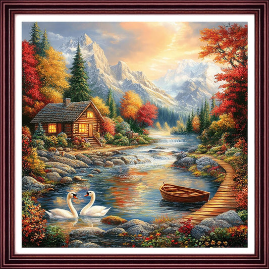 Redxing Stamped Cross Stitch Kits Full Range of Embroidery Starter Kits- Needlepoint Counted Cross Stitch Kits for Beginner Adults 11CT Printed Embroidery Kit-Autumn Scenery Swan Lake 18x18 inch