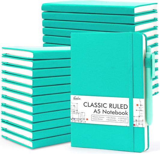 feela 24 Pack Journal Notebook Bulk for Work, Business Notebook Hardcover Lined Writing Journal with Pen Holder for Men Women Note Taking, with 24 Black Pens, 120 GSM, 5.1”x8.3”, A5, Aqua