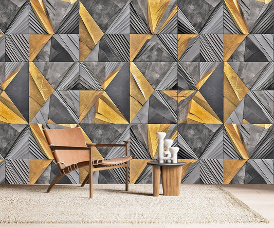 AFZEVEB-3D Geometric Wall Mural Gray and Gold Wallpaper for Bedroom 136"x96"(Not Peel and Stick)