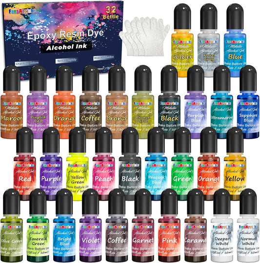 FansArriche Alcohol Inks for Resin, 32 Colors High Concentrated Alcohol Ink Set for Epoxy Resin, Alcohol-Based Resin Ink for Coasters, Fluid Painting Crafts, Tumbler Making, 10 ml Each