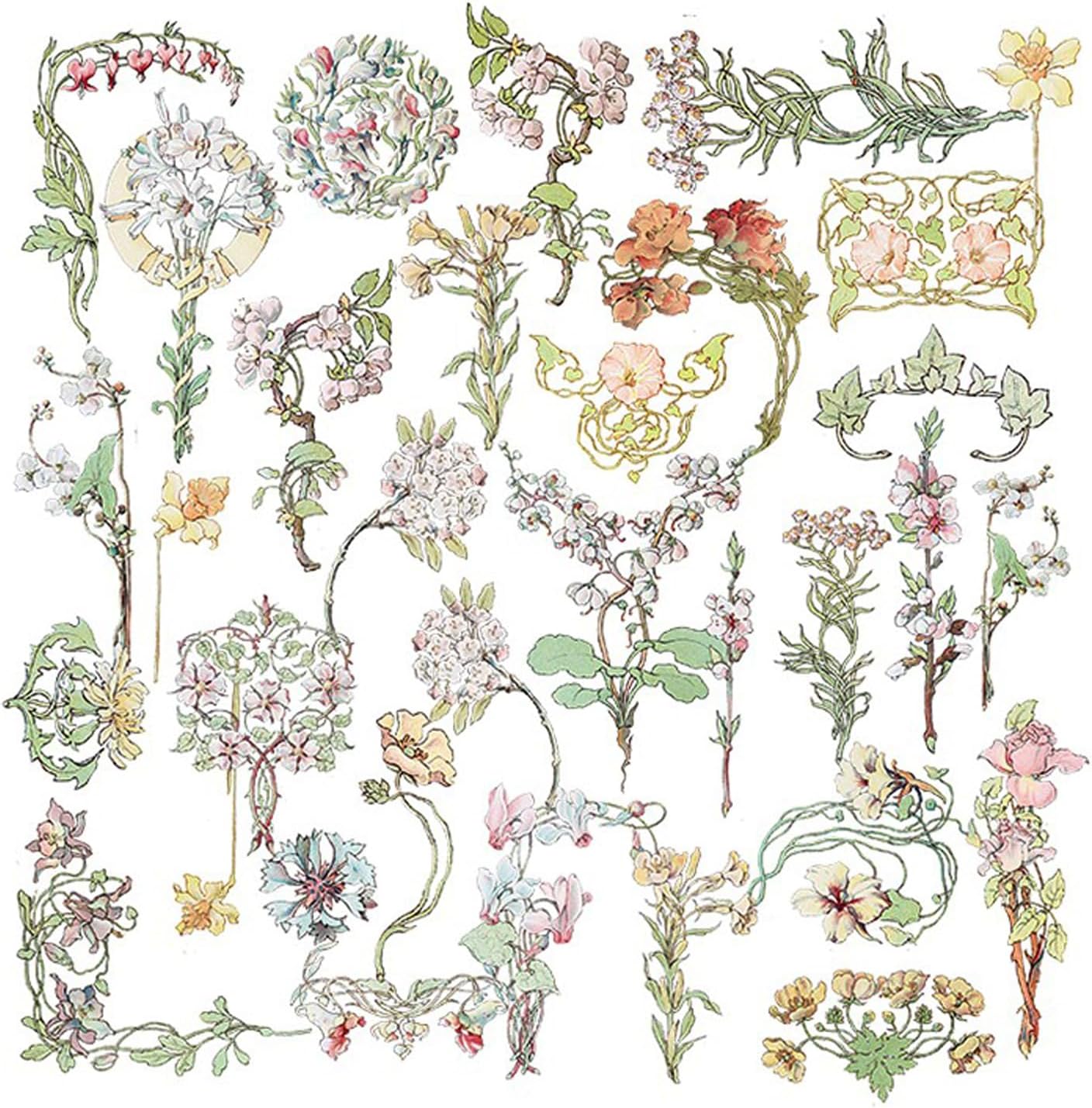 Vintage Vellum Stickers Floral Plants Elements Scrapbooking Supplies Flowers Botanic Natural Translucent Paper Self-Adhesive Junk-Journal Items (Retro Flowers)