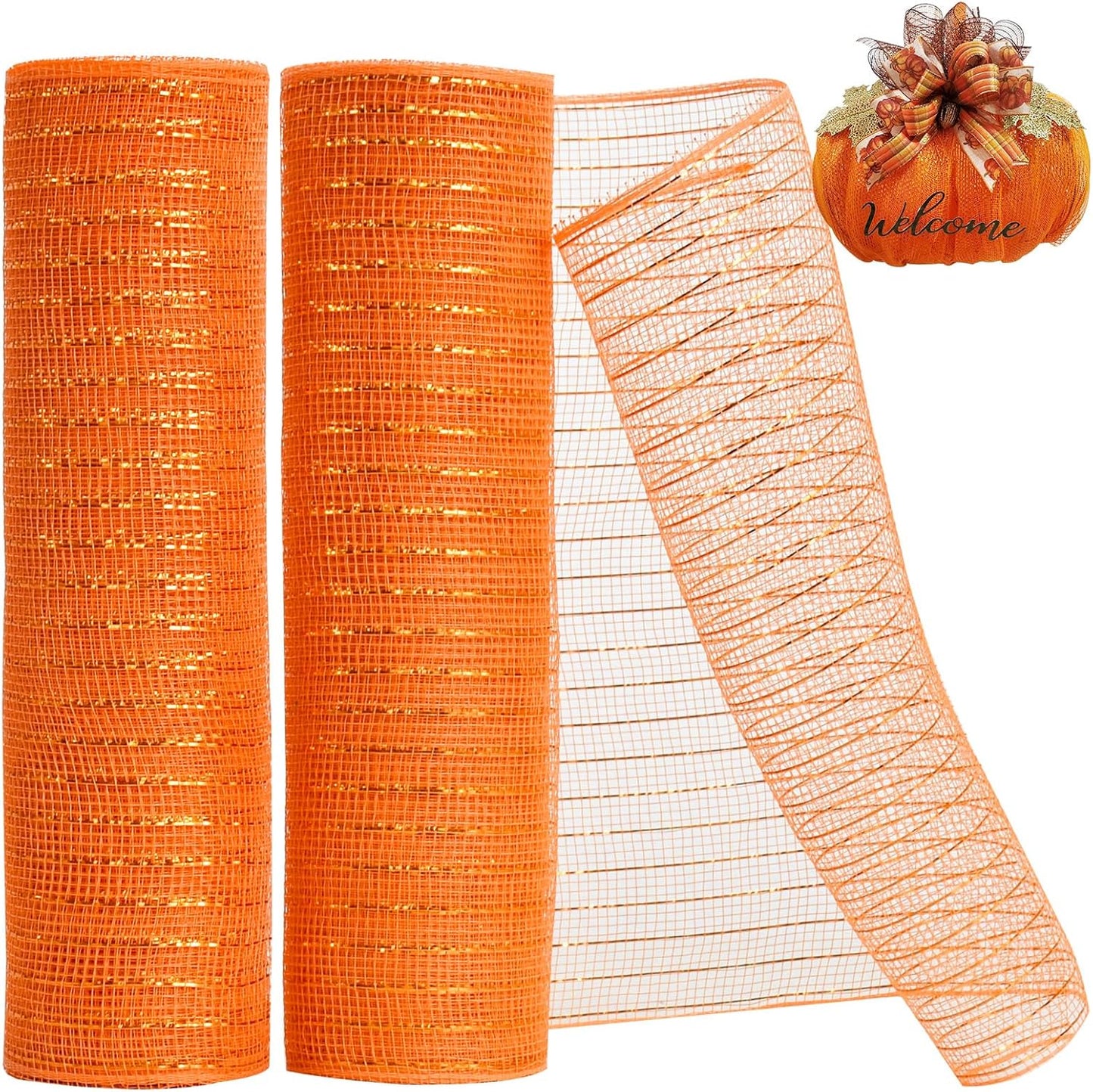 TONIFUL 2 Rolls 10 Inch Orange Decorative Mesh Ribbbon Rolls, Fabric Mesh with Foil for Wreath Supplies, Front Door Wreath Crafts Tree Decor Christmas Halloween Decoration Thanksgiving (10 yds/roll)