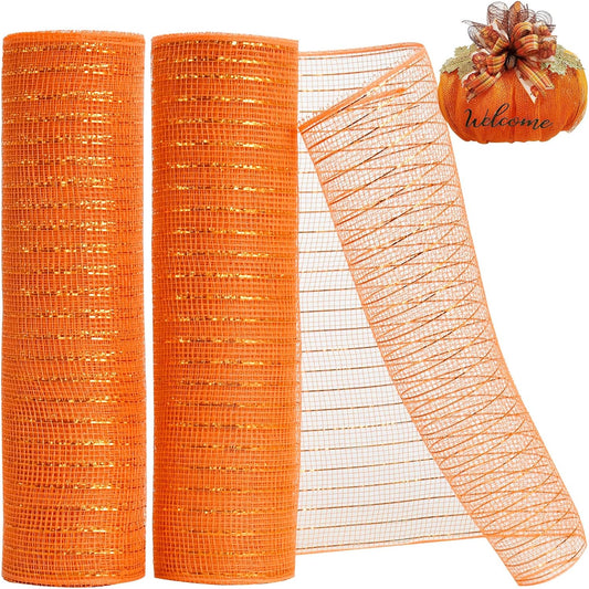TONIFUL 2 Rolls 10 Inch Orange Decorative Mesh Ribbbon Rolls, Fabric Mesh with Foil for Wreath Supplies, Front Door Wreath Crafts Tree Decor Christmas Halloween Decoration Thanksgiving (10 yds/roll)