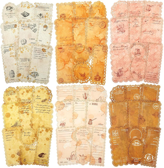 Coffee-Themed Lace Paper Set, 60 PCS Retro Lightweight Journaling Paper for Scrapbooking, DIY Crafts, Card Making, and Planners