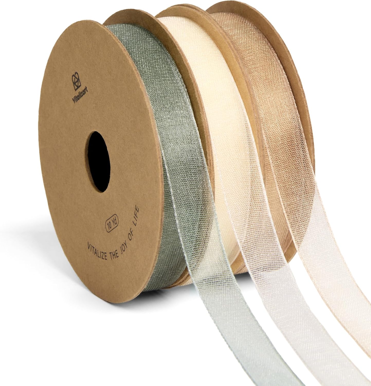 Vitalizart Organza Ribbon 3/8" x 30 Yd Cream White Rose Gold & Dusty Green Sheer Ribbons for Gift Wrapping Crafts Christmas Party Decor Bows Wedding Invitations Wreaths Bouquet