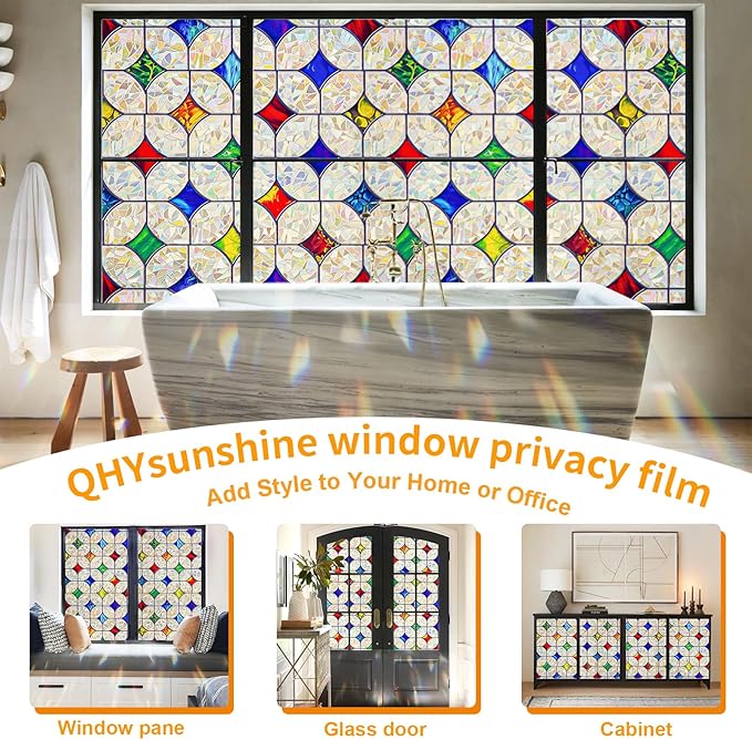 QHY Sunshine Colorful Rainbow Stained Glass Window Film Non-Adhesive Window Privacy Film Reusable Decorative for Room (Rainbow Mosaic, 23.6 x 78.7 in)