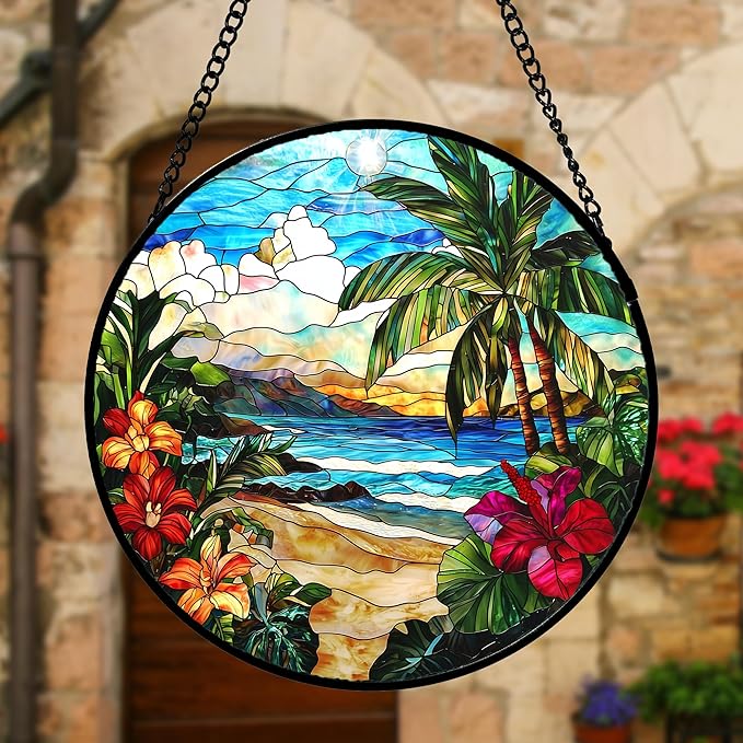 Stained Glass Window Hanging, Blue Beach Scenery Suncatcher Diamond Glass Panel Hangings Sun Catchers Decor for Birthday for Women, Men, Wife, Aunt, and Mom 7.8 in