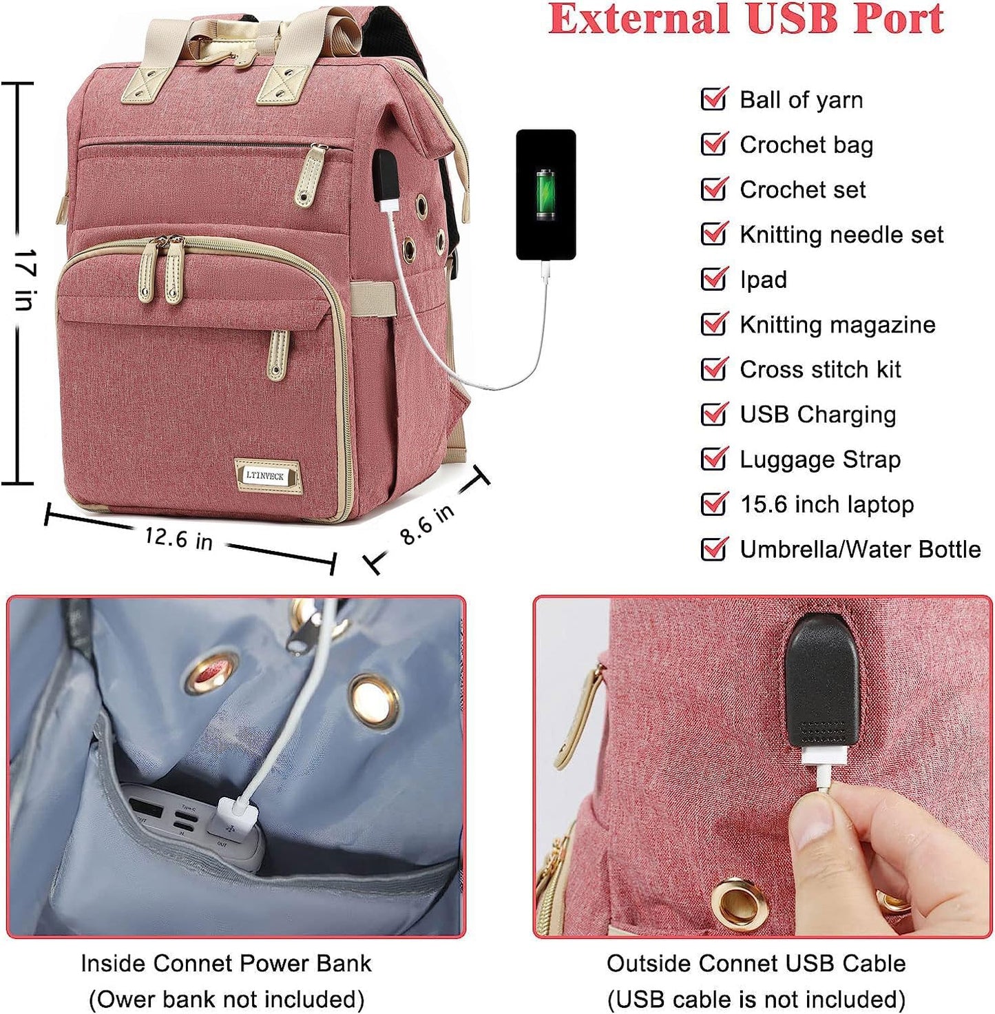 Crochet Backpack,Knitting Bag Backpack Yarn Storage Organizer Travel Crochet Bag with USB Charging Port,Yarn Storage Tote Bag Yarn Holder Case for Knitting Needles,Crochet Hooks,Crochet Accessories