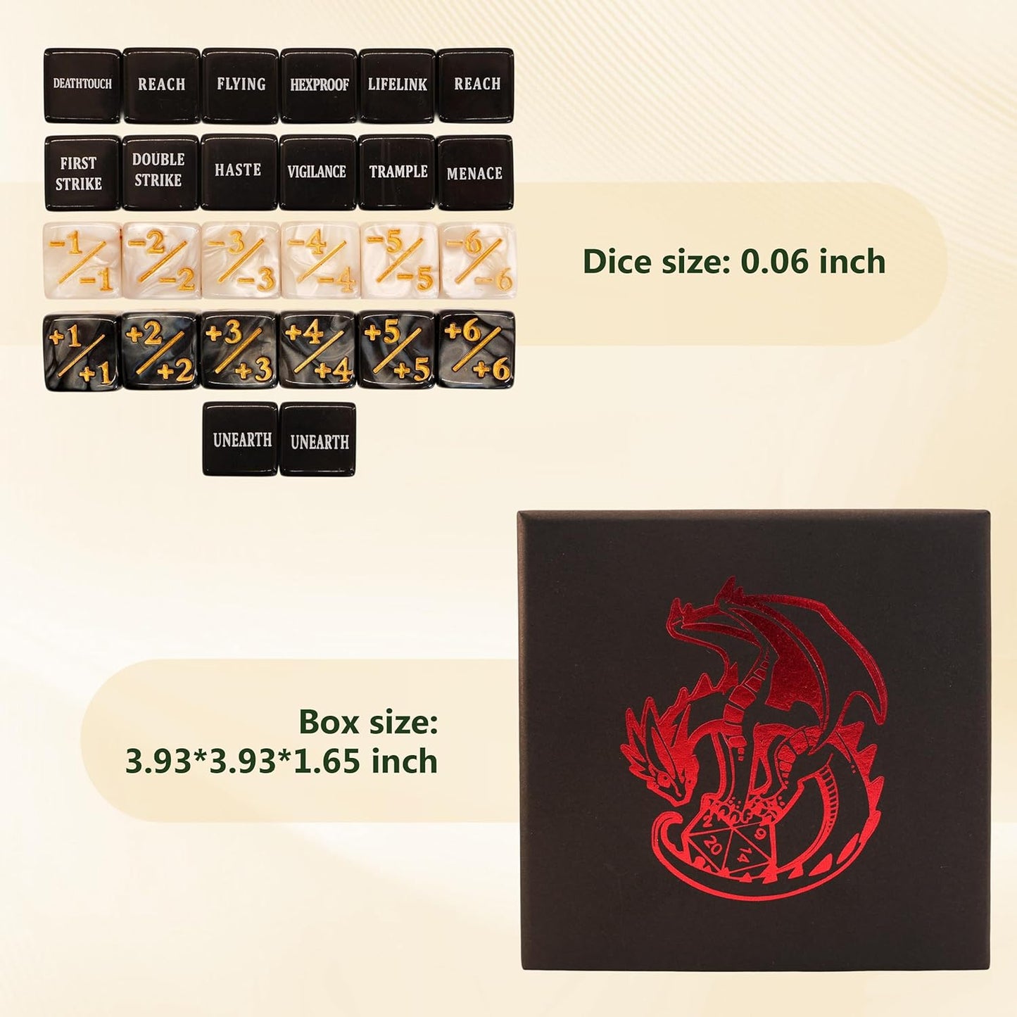 MTG dice Set with counters - 50 dice Including keyword, +1 to +6, -1 to -6 counters for Final Fantasy Magic The Gathering, Comes with Storage Box and Velvet Pouch(Text Version)