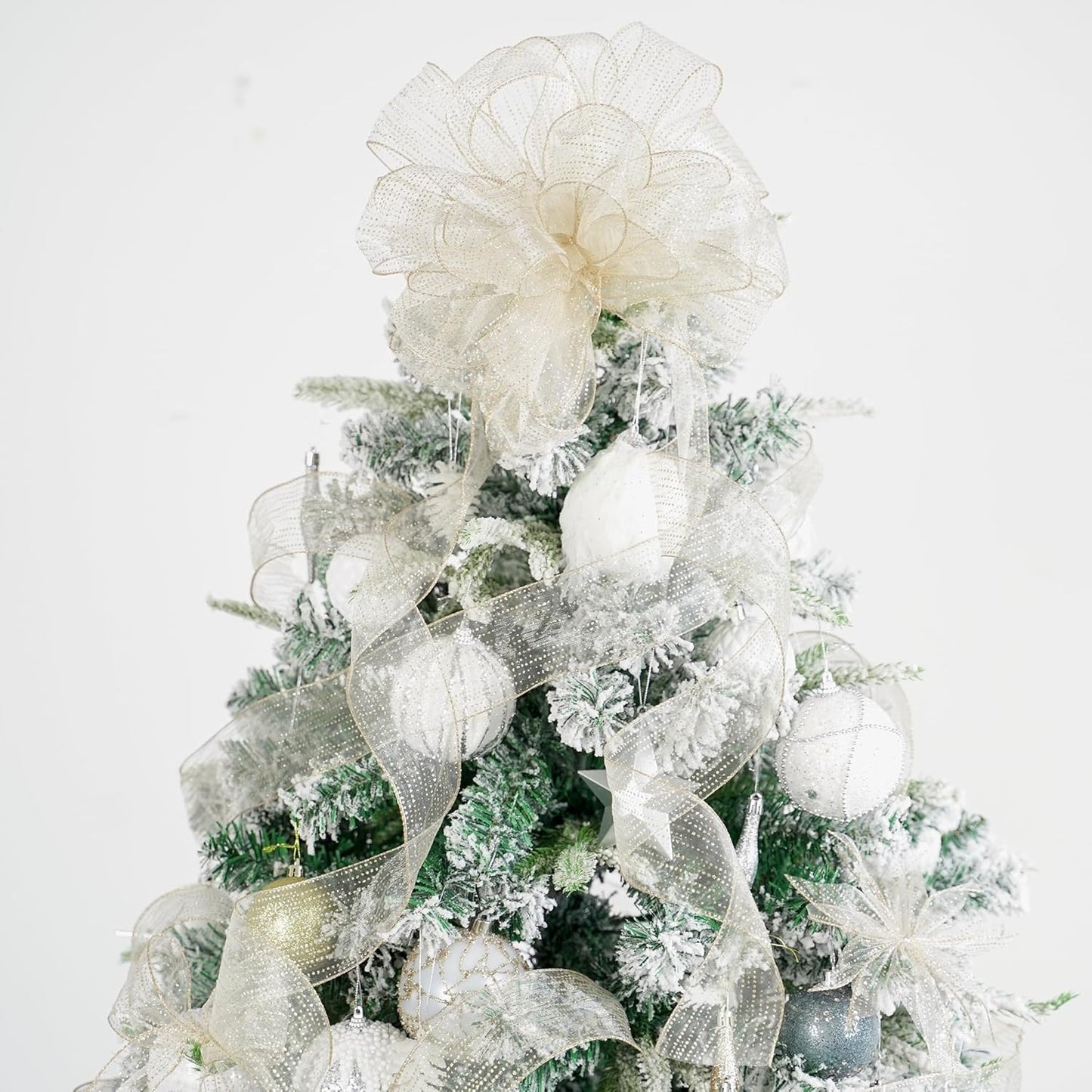 MEEDEE Champagne Gold Wired Ribbon - 2.5 Inch Horizontal Stripes Polka Dot Christmas Ribbon Organza Sheer Glitter - 25 Yards for Christmas Tree, Wreath Bow