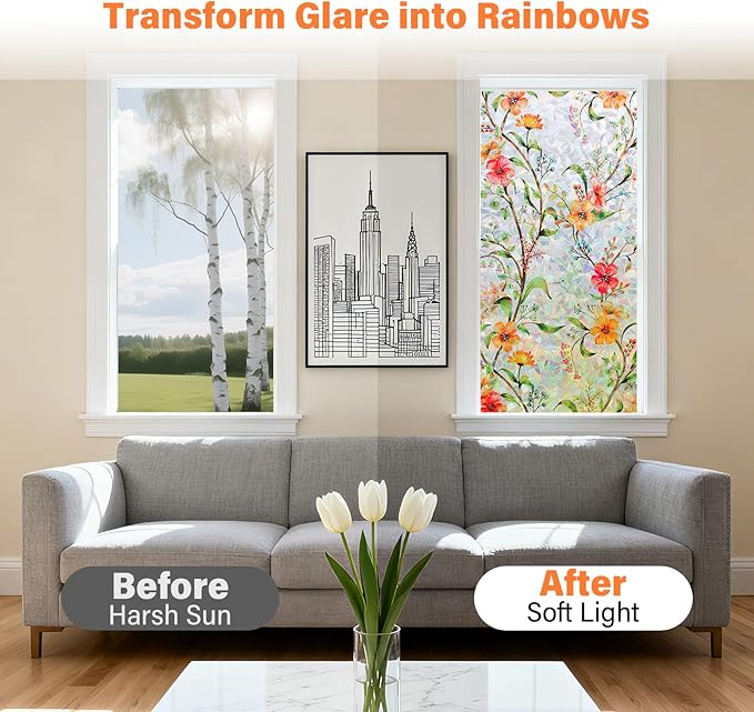 Finnez Stained Glass Window Film with Floral Pattern, Crescent Base and Rainbow Effect, Decorative Static Cling No Glue No Residue 23.6 x 157.4 Inches