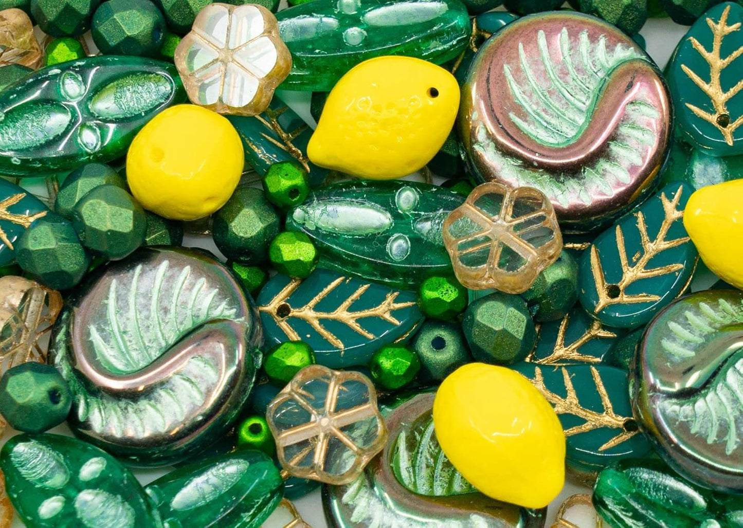 2.1oz (60g) of Focal Czech Glass Bead Mix with Lemon Shaped Beads, Seashel Beads and Leaf Beads, Emerald