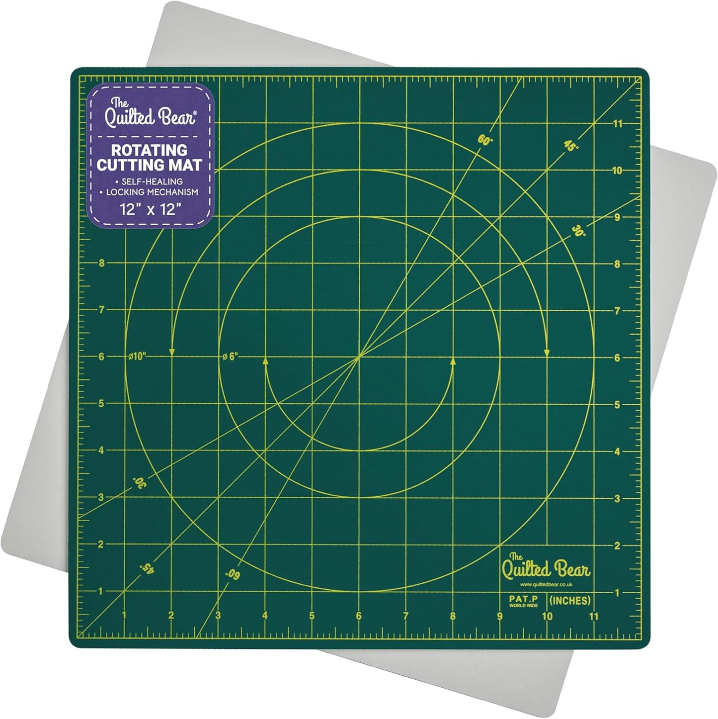 The Quilted Bear Rotating Cutting Mat 12" x 12" - Locking & Rotating Self Healing Cutting Board for Sewing, Fabric & Effortless Quilting - 360 Degree Sewing Supplies Mat for Craft Table (Green)