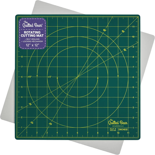 The Quilted Bear Rotating Cutting Mat 12" x 12" - Locking & Rotating Self Healing Cutting Board for Sewing, Fabric & Effortless Quilting - 360 Degree Sewing Supplies Mat for Craft Table (Green)