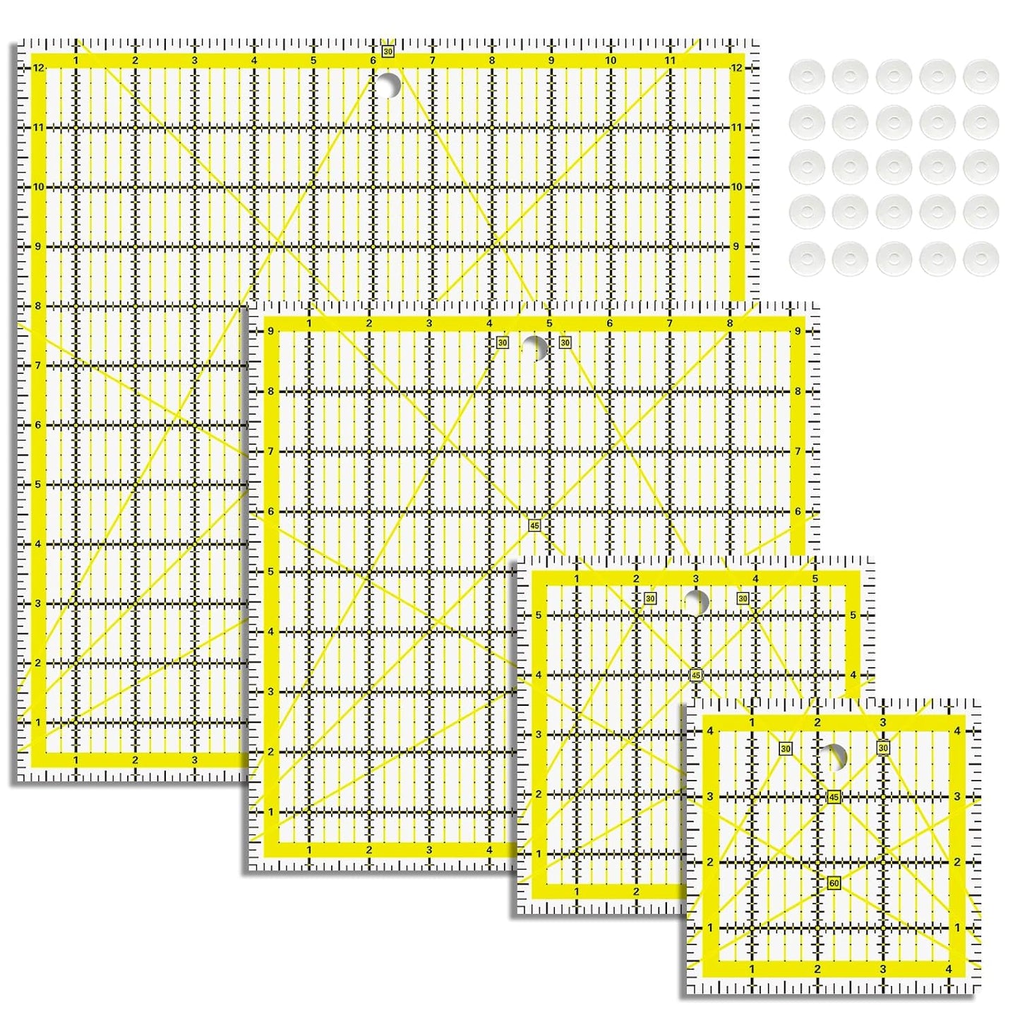 Quilting Rulers, Acrylic Quilt Ruler,4 Square Fabric Cutting Ruler (4.5"X4.5", 6"X6", 9.5"X9.5", 12.5"X12.5"), Quilting Templates with Non Slip Rings. (Yellow)