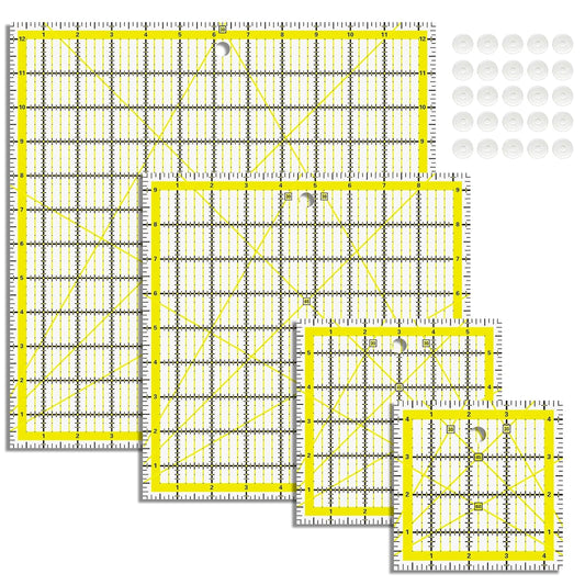 Quilting Rulers, Acrylic Quilt Ruler,4 Square Fabric Cutting Ruler (4.5"X4.5", 6"X6", 9.5"X9.5", 12.5"X12.5"), Quilting Templates with Non Slip Rings. (Yellow)