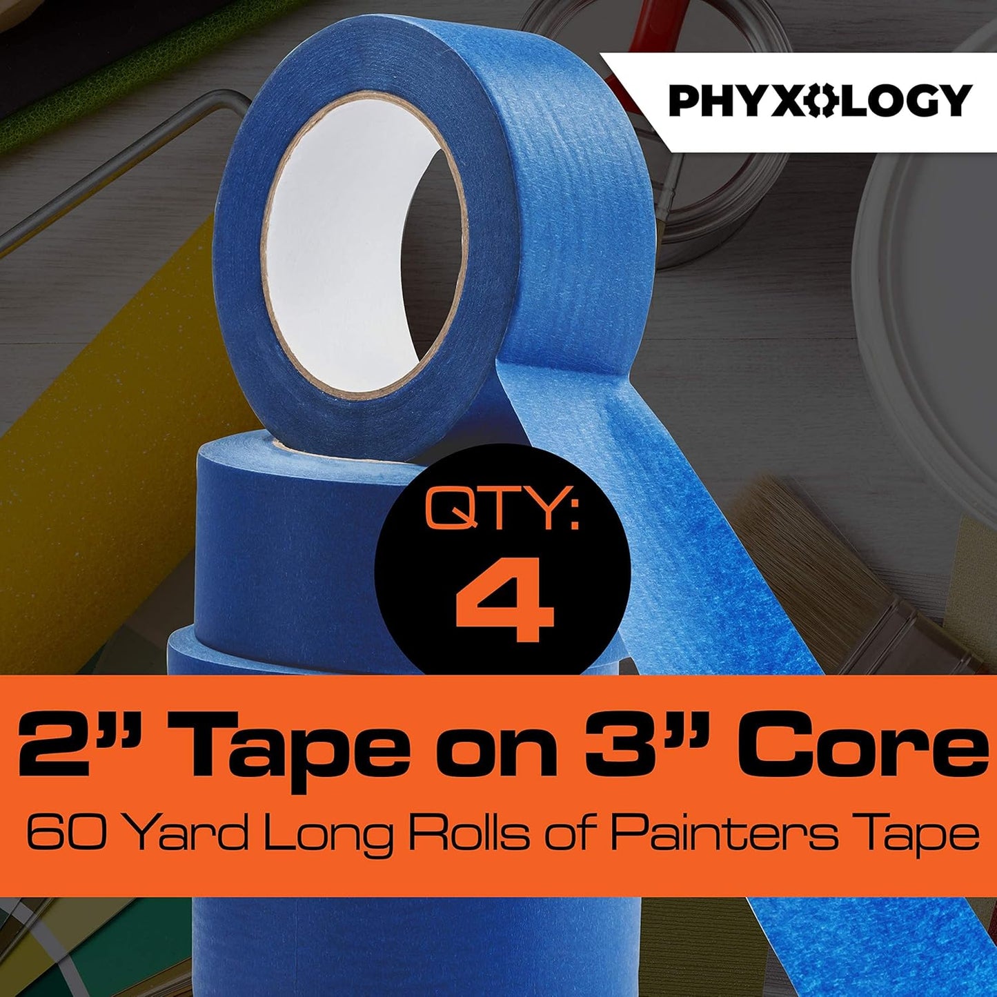 No-Residue Blue Painters Tape 2 inch 4x 60 Yard Roll. Easy-Tear, Pro-Grade Removable Masking Tape Great for Home, Office, Commercial Contractor. Clean, Drip-Free Painting w/ Wide Crepe Paper Rolls