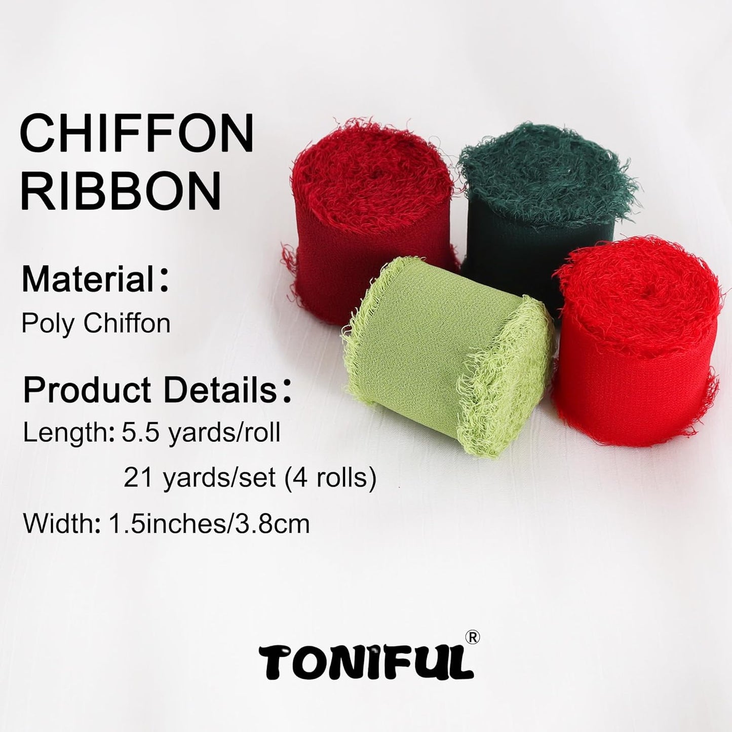 TONIFUL 4 Rolls Silk Chiffon Ribbon 1-1/2 Inch x 22 Yards, Red and Green Handmade Fringe Silk Ribbon Set for Gift Wrapping Flowral Bouquets Crafts Halloween Christmas Wreath Tree and Party Decoration