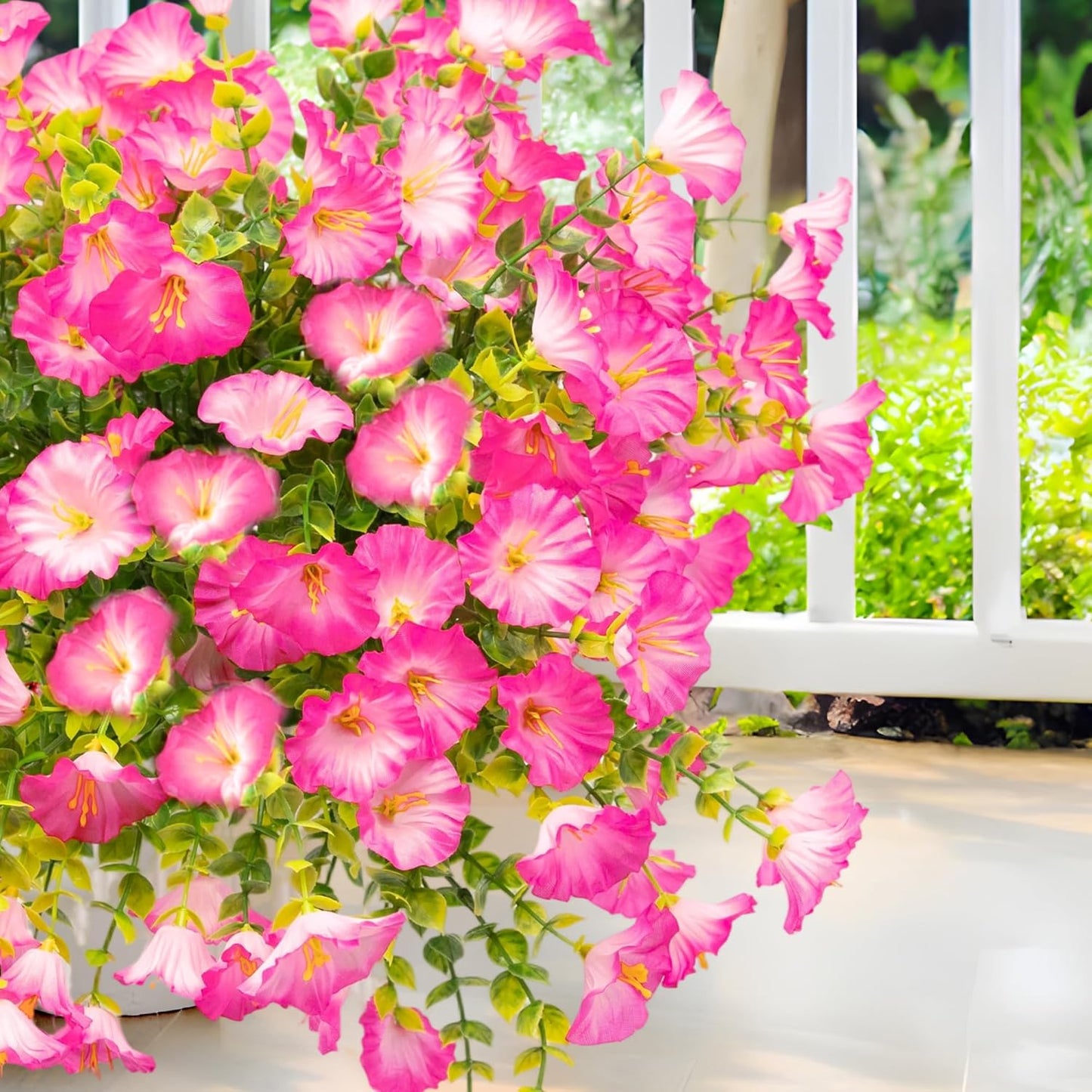 Artificial Flowers Fake Plants for Outdoor Indoor Decoration,16 Bundles UV Resistant Faux Plastic Flowers,Realistic Pink Morning Glory for Planter Porch Patio Home Table Wedding (Pink)