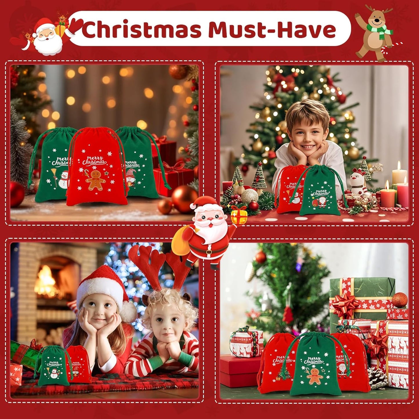 Tapleap Christmas Bags with Drawstring - 50Pcs 3x4 Red and Green Velvet Cloth for Wrapping Dice, Jewelry, Party Favors or Gifts for Friends, Children, Customers