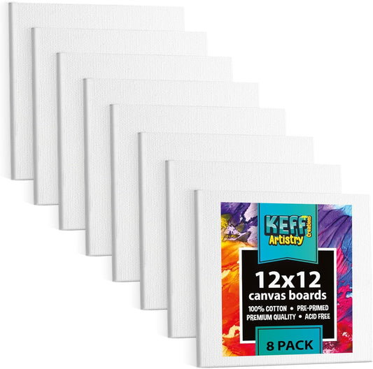 KEFF Canvas Boards for Painting - 12x12 8-Pack Bulk Canvas Panels, 100% Cotton Triple Primed Large Canvases for Art Painting Supplies, Acrylic, Oil, Watercolor & Tempera