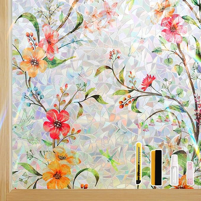 Finnez Stained Glass Window Film with Floral Pattern, Crescent Base and Rainbow Effect, Decorative Static Cling No Glue No Residue 23.6 x 78.7 Inches
