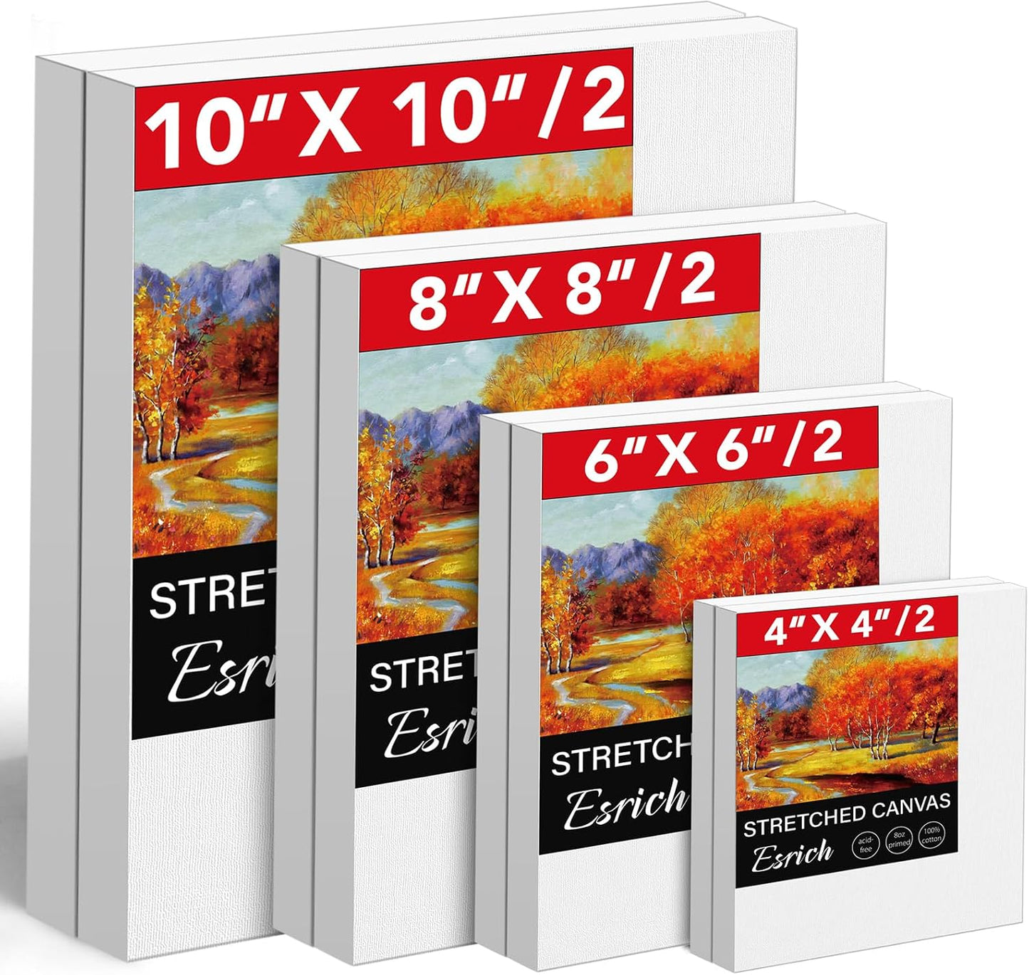 Stretched Canvases for Painting, 8PCS Multi Pack Square Canvas 4×4”, 6×6”, 8×8”, 10×10”(2 of Each), Acid-Free Wood Frame Blank Canvas, Art Canvas Pre Primed for Acrylic, Oil Painting, Tempera.