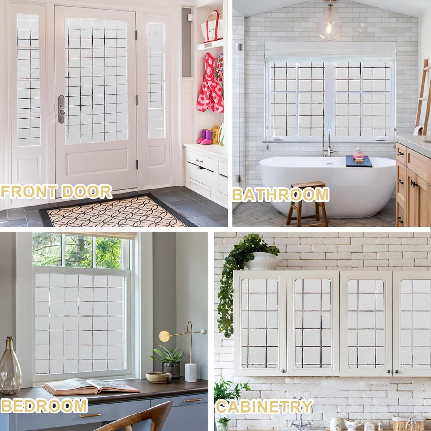 Window Privacy Film Decorative for Front Door, Bathroom Static Cling Stained Glass Sticker Opaque Heat Control UV Blocking Non-Adhesive for Home Windows,White Square