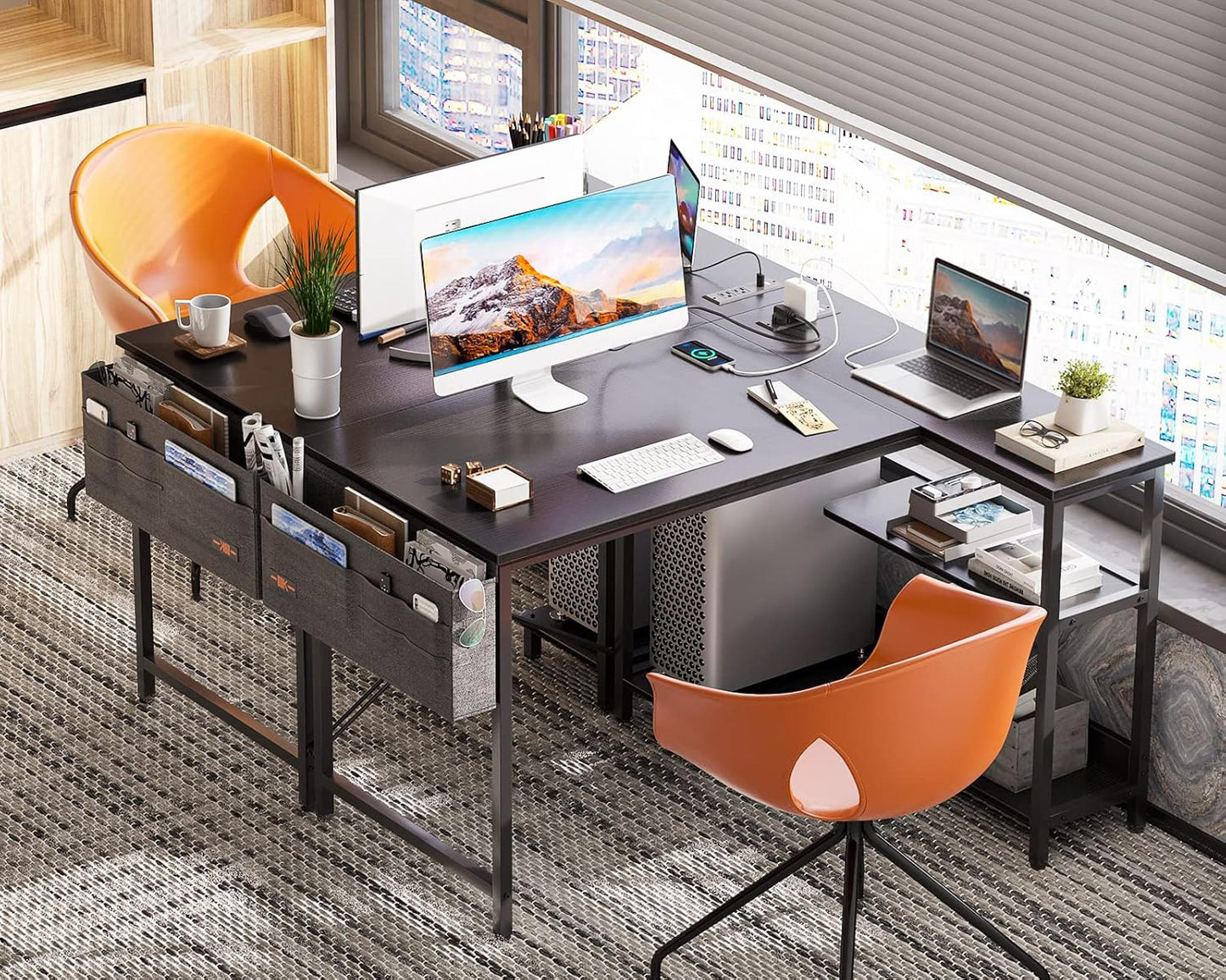 ODK 40 Inch Small L Shaped Gaming Computer Desk with Power Outlets, Reversible Storage Shelves & PC Stand for Home Office, Simple Writing Study Table with Storage Bag for Small Space, Black