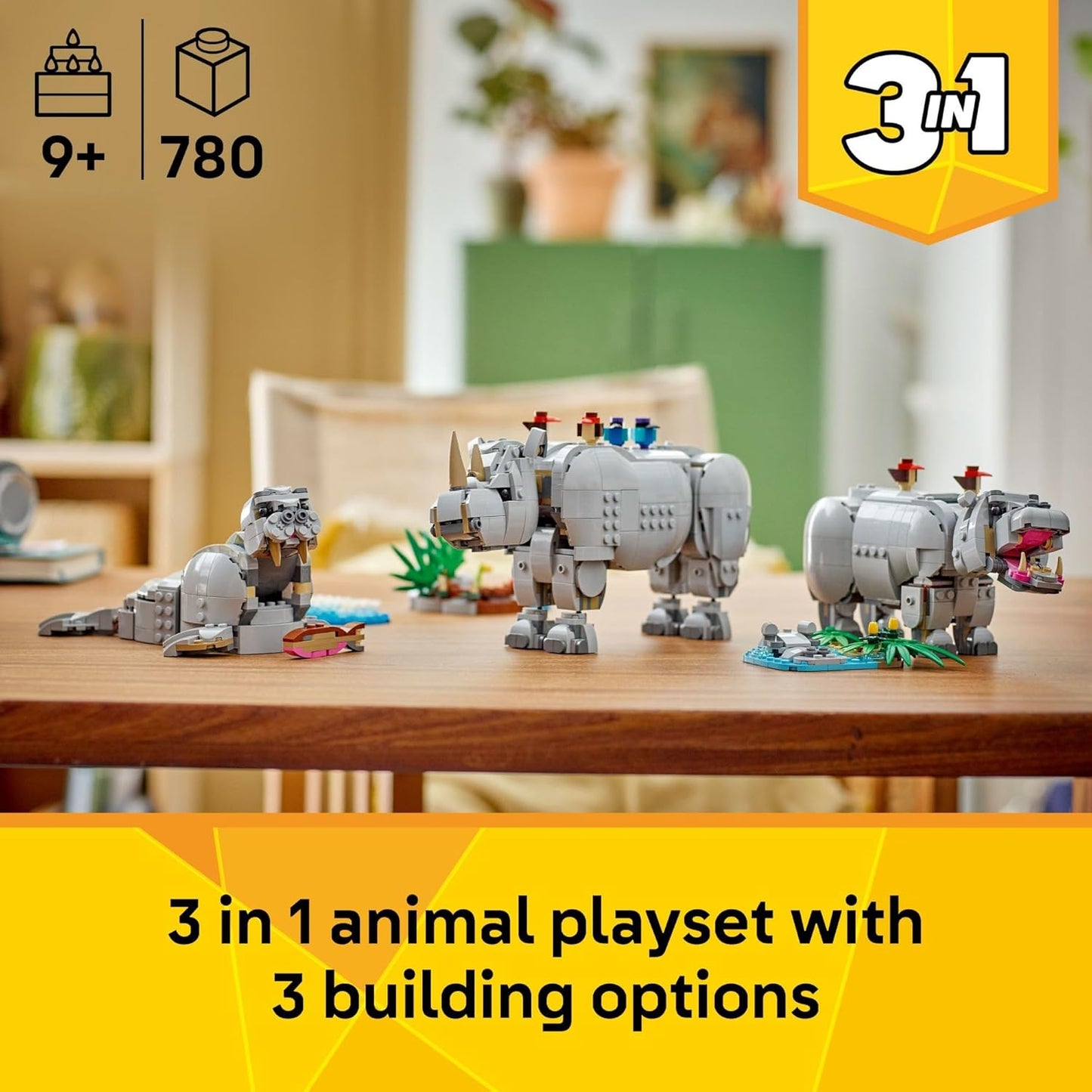 LEGO Creator 3 in 1 Wild Animals: Majestic Rhino with Birds Pretend Play Toy for Kids - Safari Toy Building Set for Girls & Boys, Ages 9+ - Build 3 Animals in 1 Kit - Gift for Birthdays - 31171