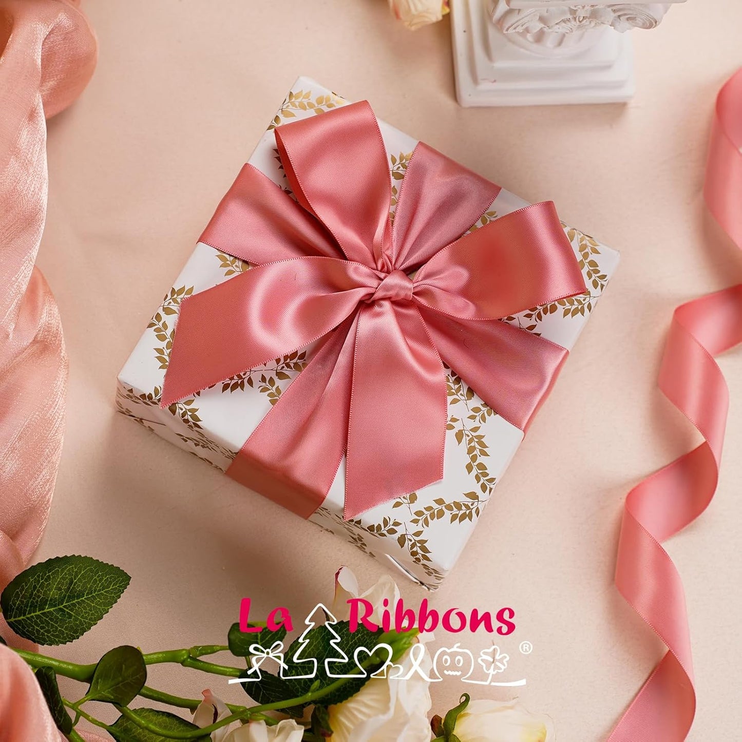 LaRibbons 1 Inch 50 Yard Double Faced Satin Ribbon,Dust Pink Satin Craft Fabric Ribbon for Gift Wrapping Floral Bouquets Wedding Party Decoration