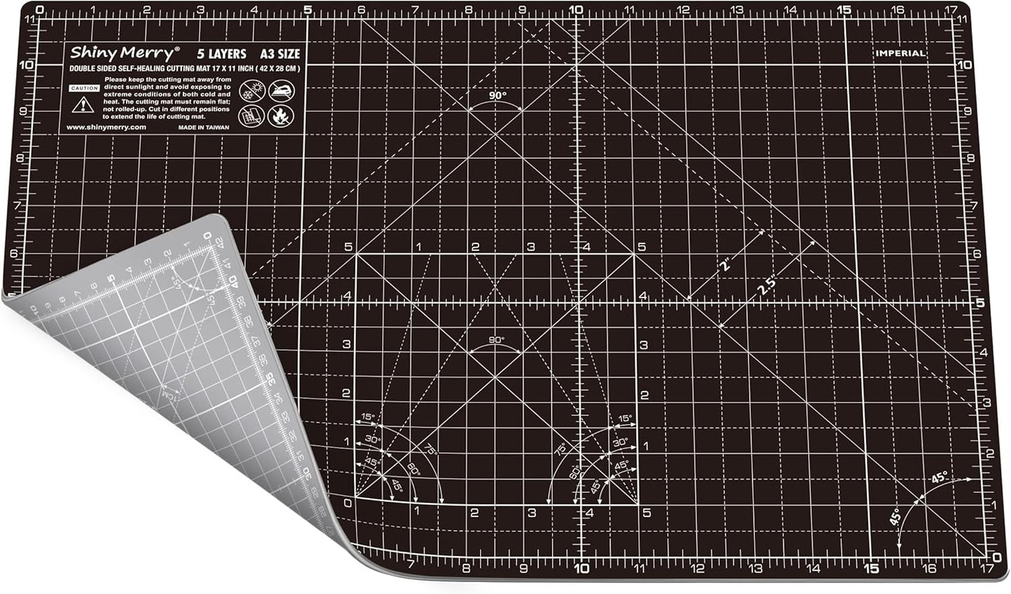 Self Healing Cutting Mat A3 12"x18" – Double Sided 5-Ply Craft Mat for Sewing, Quilting, Fabric, Scrapbooking – Black/Gray