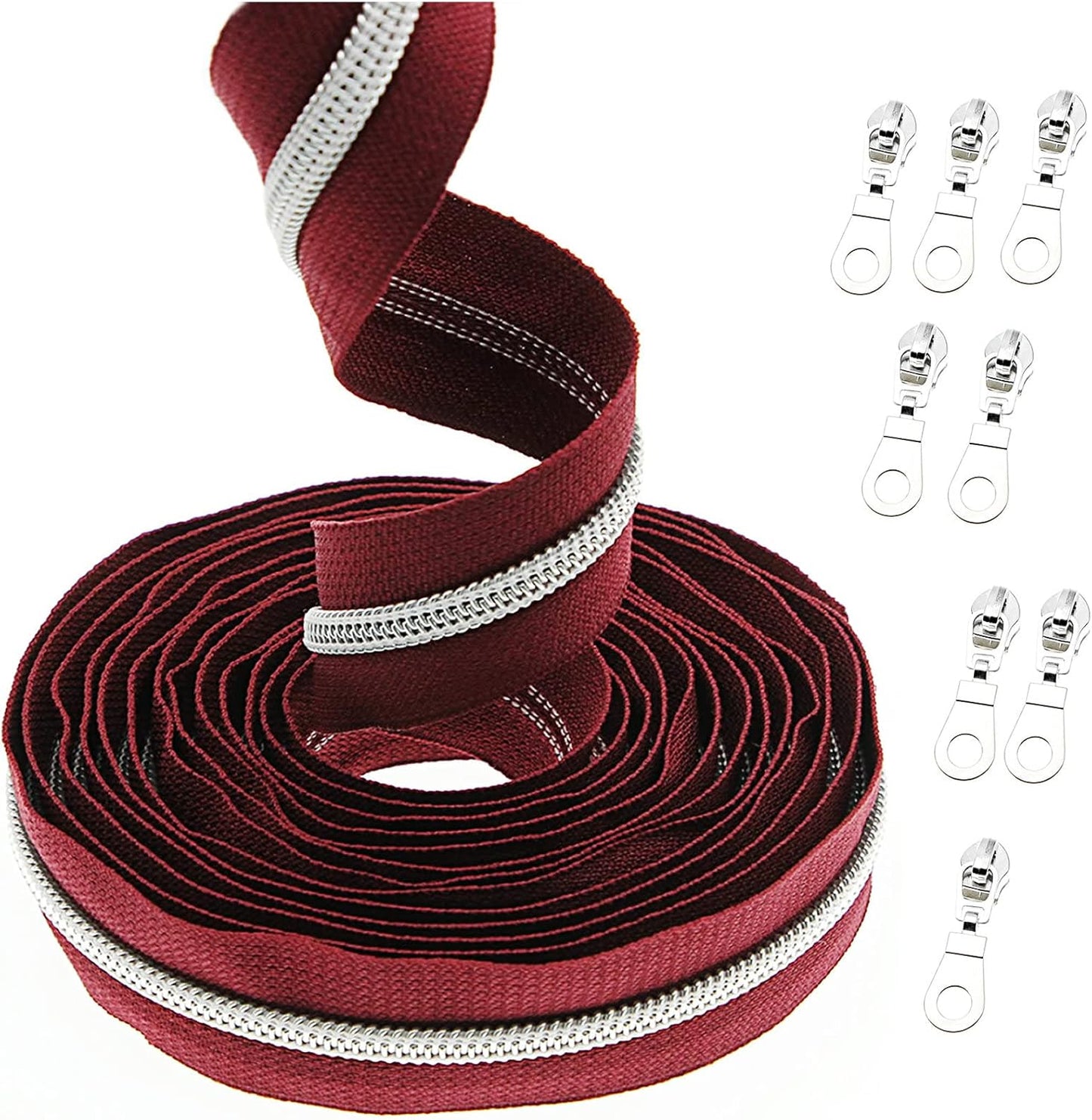 Leekayer #5 Metallic Silver Nylon Coil Zippers by The Yard Bulk 10 Yards Wine Color Zipper Tape with 25pcs Silver Sliders for DIY Sewing Tailor Craft Bag(Wine)