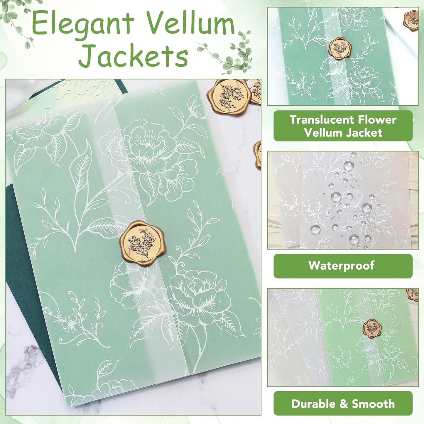 SWANGSA 100 Pack Vellum Jackets for 5x7 Invitations, Elegant White Rose Vellum Paper, 115GSM Translucent Invitation Sleeve Wraps for Wedding Bridal Baby Shower Birthday Envelopes