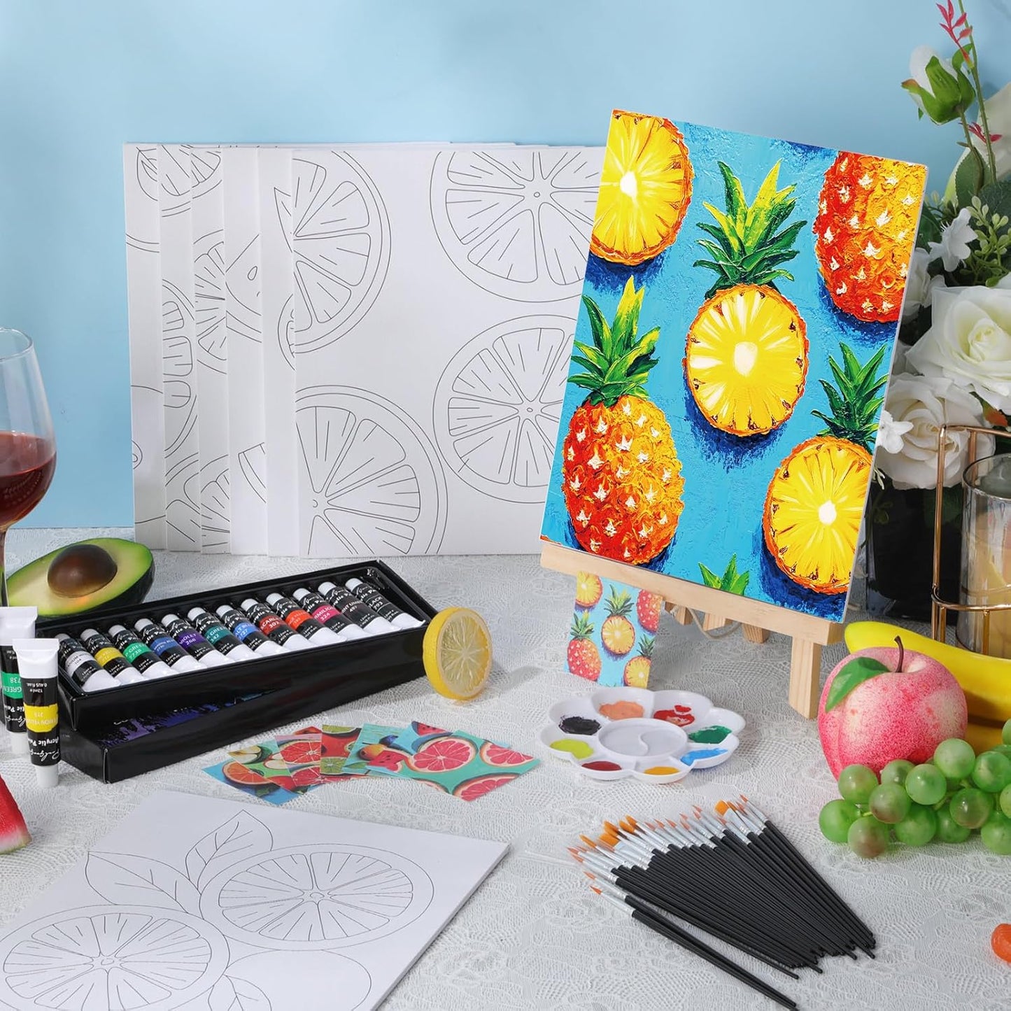 Cholemy 36 Pcs Paint and Sip Kit for Adults 8''x10'' Pre Drawn Canvas for Painting DIY Afro Acrylic Painting Kit Wood Easel Brushes Date Night Bulk for Christmas Party Gifts(Colorful Fruits)
