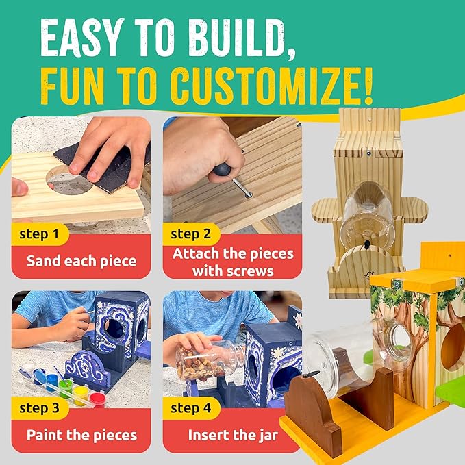 SparkJump Squirrel Feeder Kit - Sustainable FSC Wood, Easy Mounting and Assembly, Kid-Safe Mason Jar, Perfect for Outdoor Squirrel Watching & Feeding