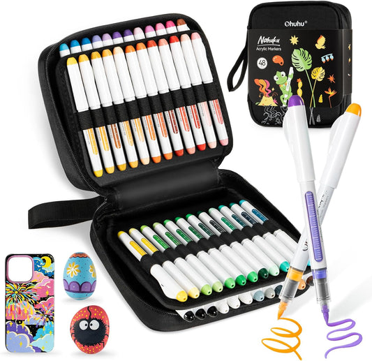 Ohuhu Acrylic Paint Markers Direct Liquid: 48 Pack Flexible Brush Tip Acrylic Markers High Opacity Paint Pens Waterproof Lightfast for Rock Painting Easter Eggs Wood Glass Ceramic Canvas - Nahuku