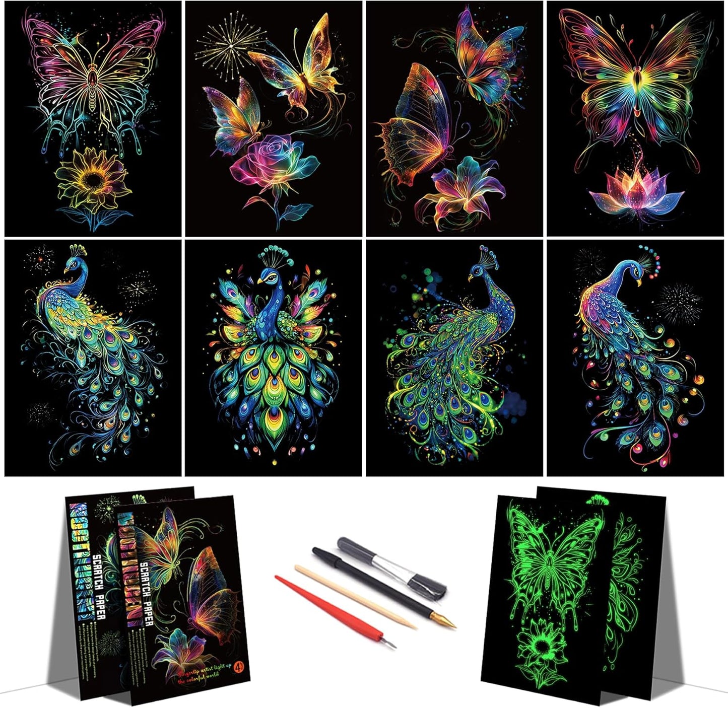 Scratch Paper Art for Adults-Glow in The Dark Scratch Painting Craft Kit (8 Sheets A4)|Foil Engraving Art Set|Stress Relief Gift for Craft Lovers|Creative Scratch Art Home Decor(Butterfly&Peacock)‌