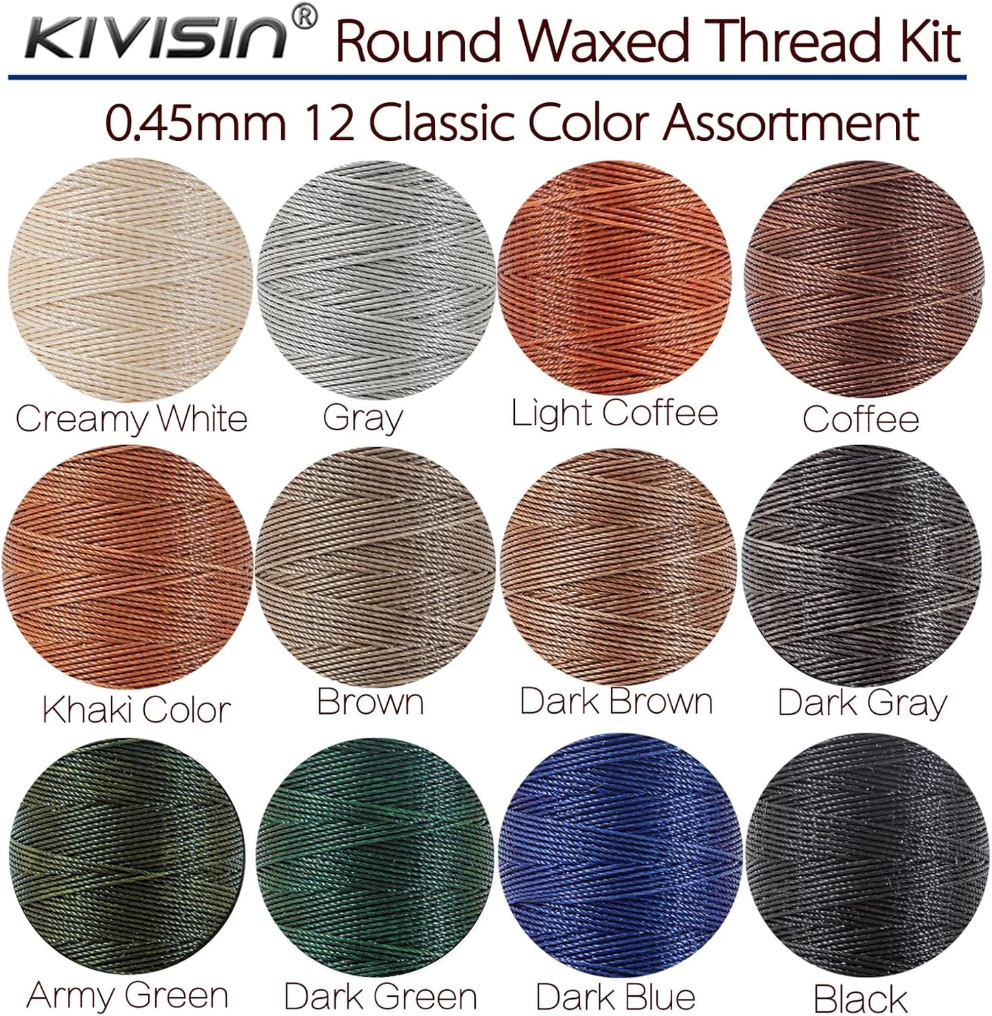 Round Waxed Thread 0.45mm 12 Neutral Colors, Thin Cord Wax Coated 3 Ply Polyester Strings 115 Yards/Spool for Leather Upholstery Sewing, Stitching, Bookbinding, Beading, Macrame Braiding