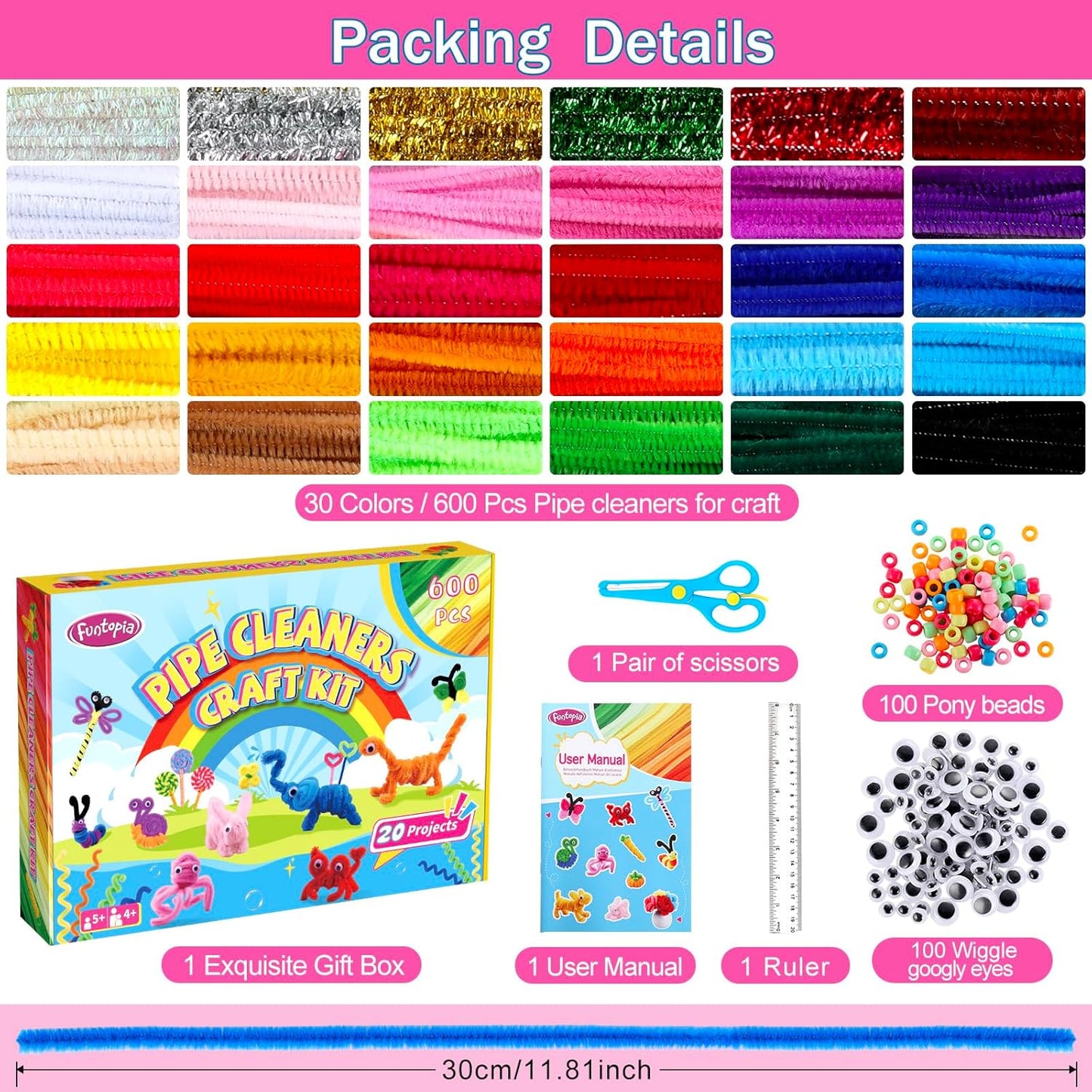 800pcs Pipe Cleaners Crafts Kit, 30 Colors Pipe Cleaners Bulk with 20 Designs Instruction Book, Colorful Chenille Stems for Animal Flower Creative Projects DIY, Arts and Crafts for Kids Ages 4-12