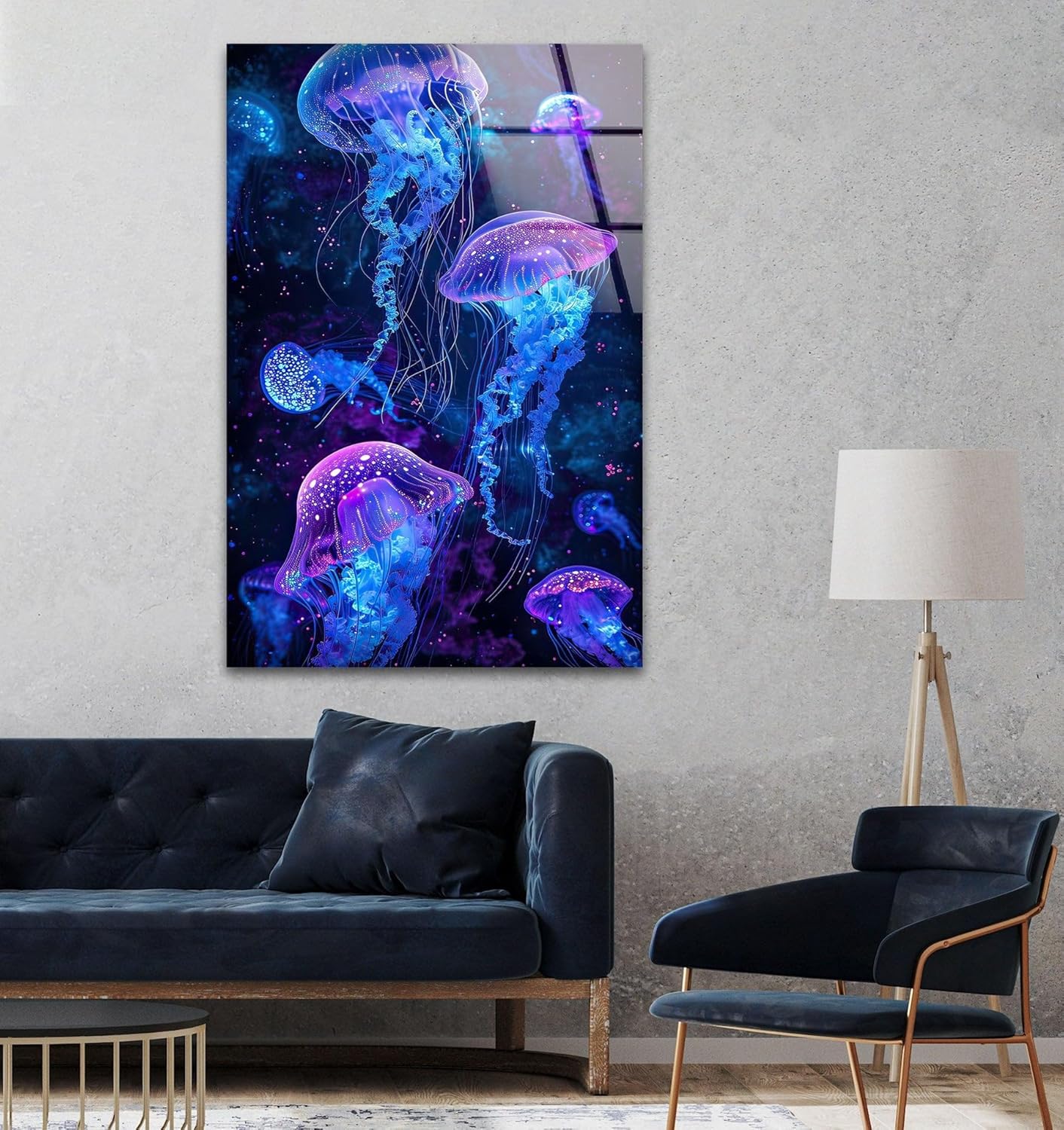 My Photostation.com 30Wx35.5H'' Glowing Jellyfish Glass Wall Art Tempered Glass Printing Wall Decor Large Wall Art Wall Hangings