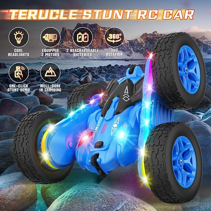 Remote Control Car, Rc Cars Stunt Toys New Upgraded Strip Lights and Headlights Toys Double-Sided 360° Rotating 4WD Drift Truck for Boys Girls Birthday Gift (Blue)