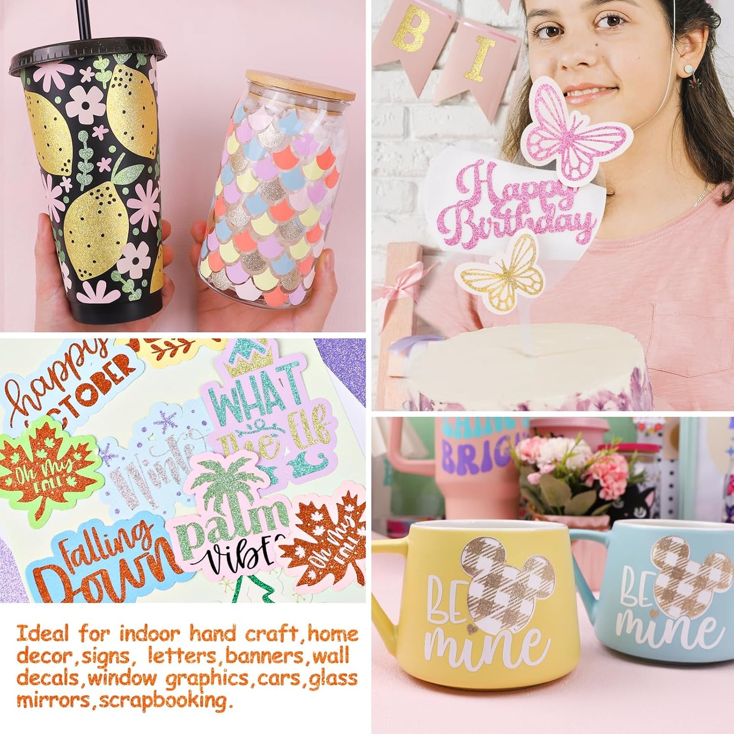 TECKWRAP Glitter Adhesive Vinyl, 12" x 12" 9 Glitter Colors with 1 High Tack Transfer Tape, Permanent Craft Vinyl for Scrap-Booking, Decals, DIY Projects, Home Decor, DIY Project Party Decoration