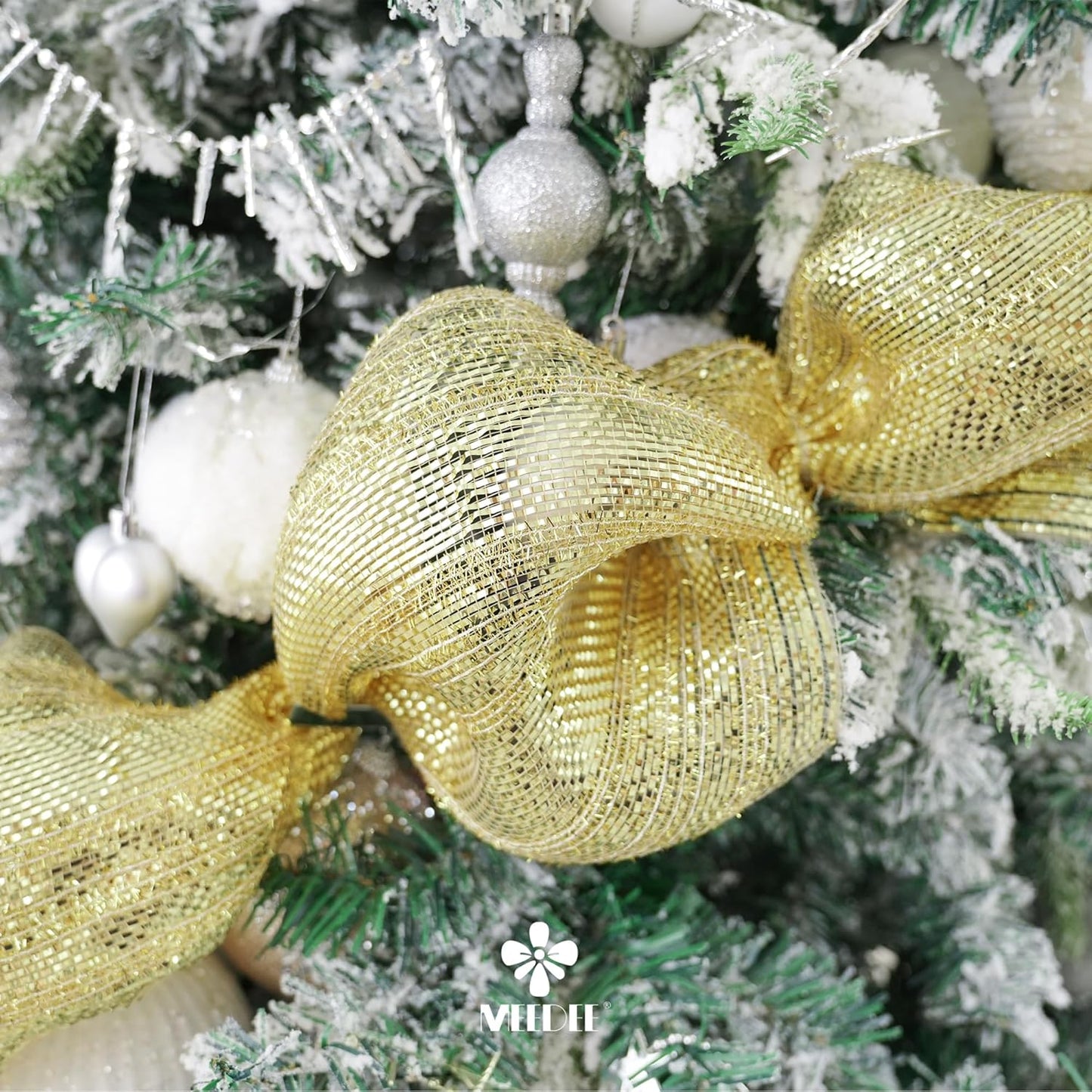MEEDEE Champagne Deco Mesh 10 Inch Deluxe Wide Foil Metallic Mesh with Gold Tinsel Champagne Gold Mesh Ribbon for Christmas Tree, Wreaths, Garland, Gift Wrapping, Bows Making (30 Feet)