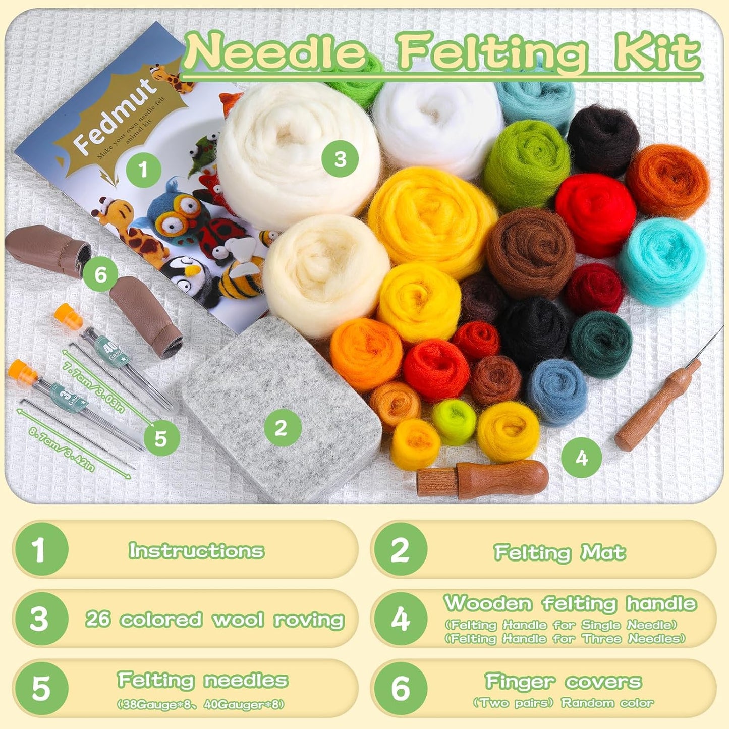 Fedmut Needle Felting Kit - 13Pcs Needle Felting Kit for Beginners with Wool Roving, Felting Pad, Felting Needles for Starters DIY Craft Animal Home Deco Birthday Gift