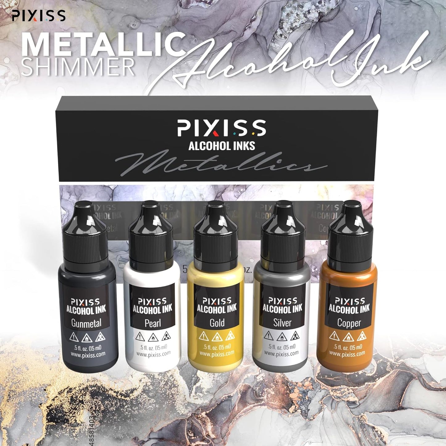 Metallic Alcohol Ink Set - Gold, Silver, Gunmetal, Copper, Pearl with Extreme Shimmer - Large 0.5 Ounce Inks