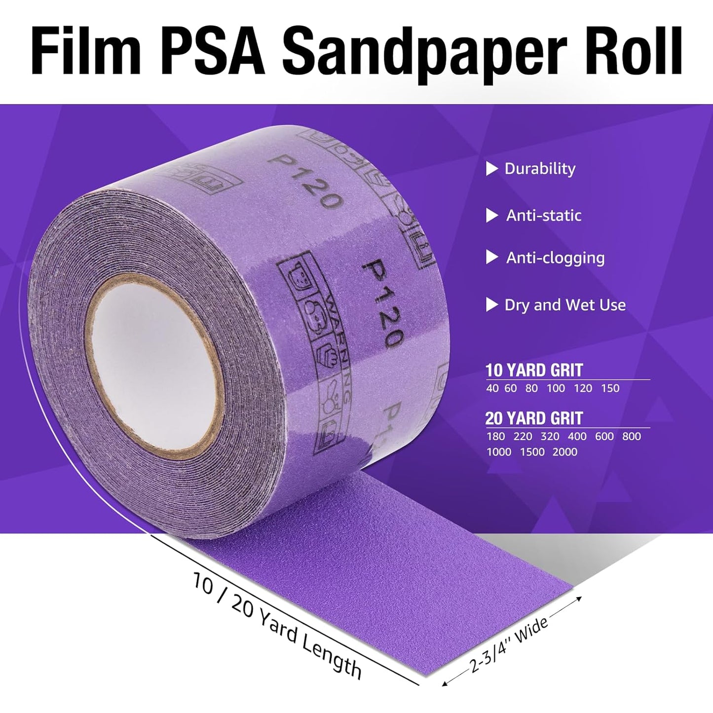 180 Grit PSA Purple Film Ceramic Sandpaper Roll, 2-3/4" Wide Continuous 20 Yard Longboard Sanding Roll Wet Dry Sanding Blocks Self Adhesive Sticky Back Sanding Sheets for Woodworking Automotive