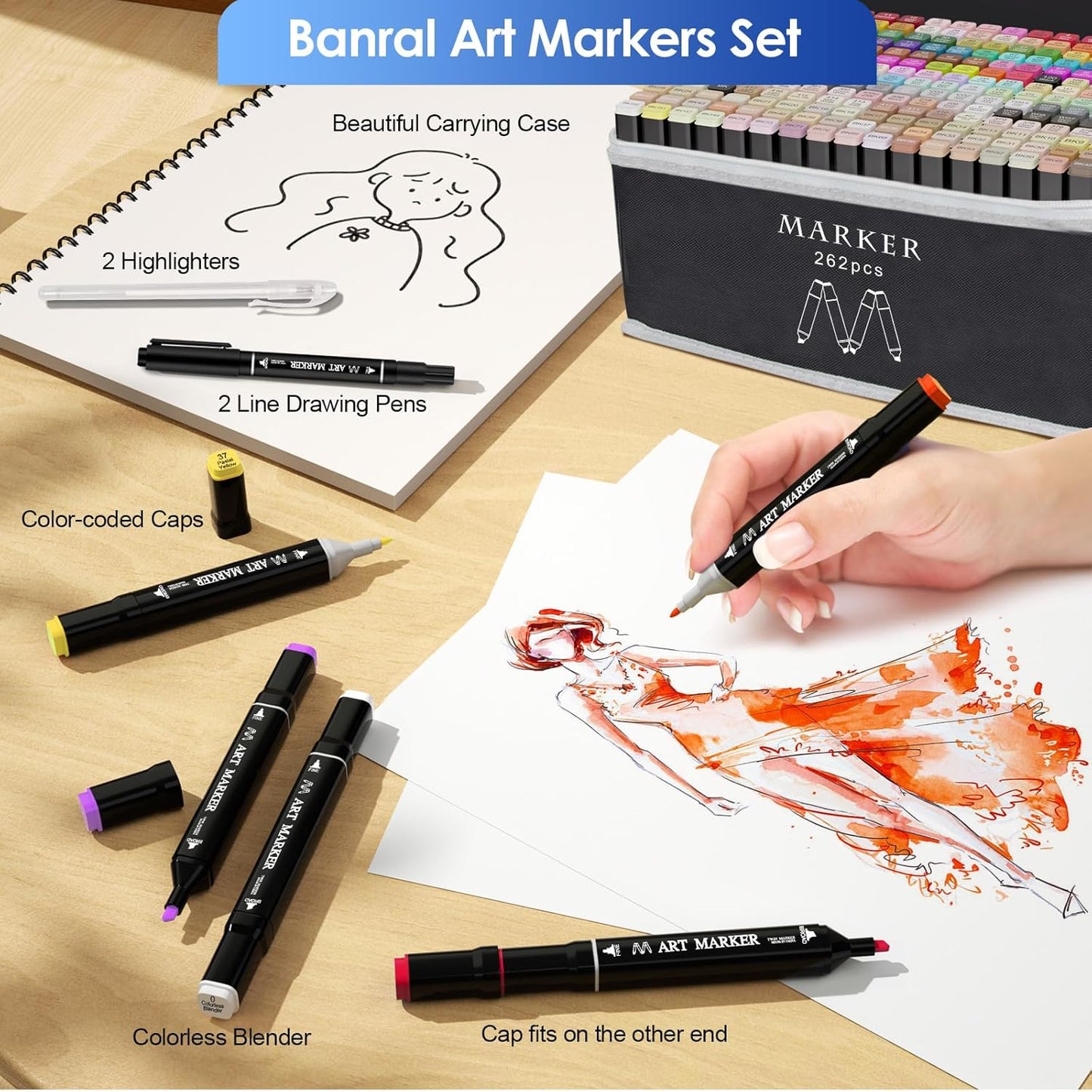 Banral 262 Colors Alcohol Markers Set, Dual Tip Alcohol Based Art Marker for Artists Kids Adult Coloring, Permanent Illustration Sketch Pens for Drawing with Case and Holders