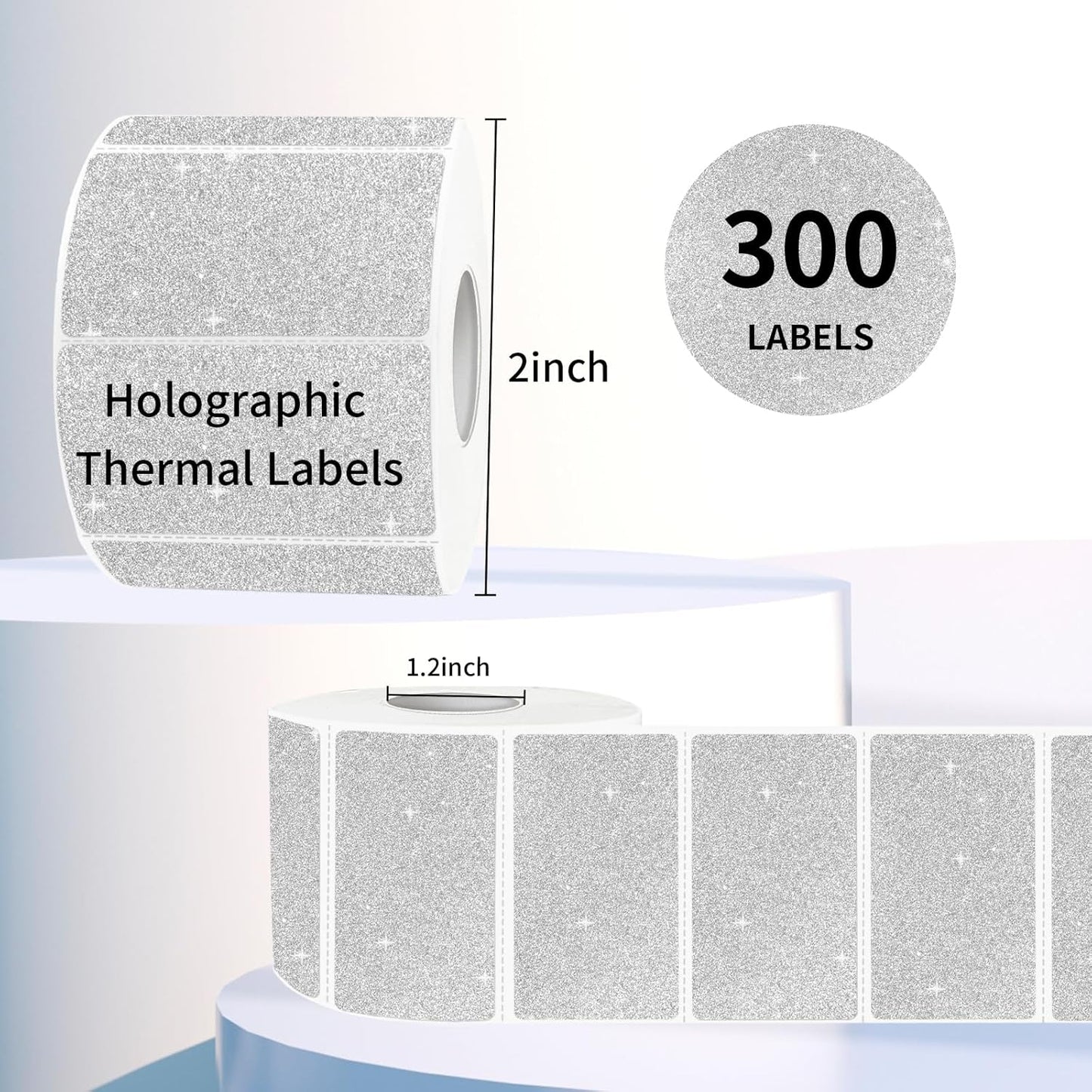 Direct Thermal Label 2x1 Inch- Barcode Labels- Holographic Thermal Sticker Labels for Address, Shipping, Compatible with Rollo Label Printer & MUNBYN& Zebra (300 /Shiny Silver)