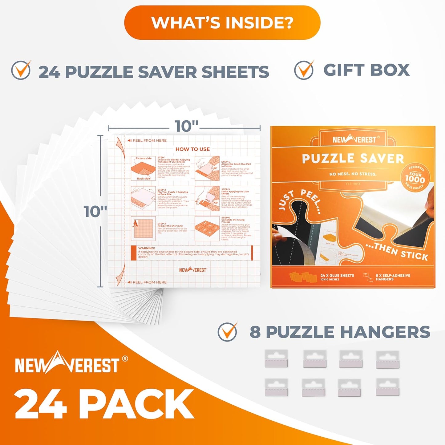 Newverest 24-Pack Puzzle Glue Sheets 10×10″ – Preserve & Display 4 × 1000-Piece Jigsaw Puzzles – Peel & Stick Puzzle Saver with 8 Adhesive Hangers – No Glue, No Mess, Ships Flat, Gift-Ready Box